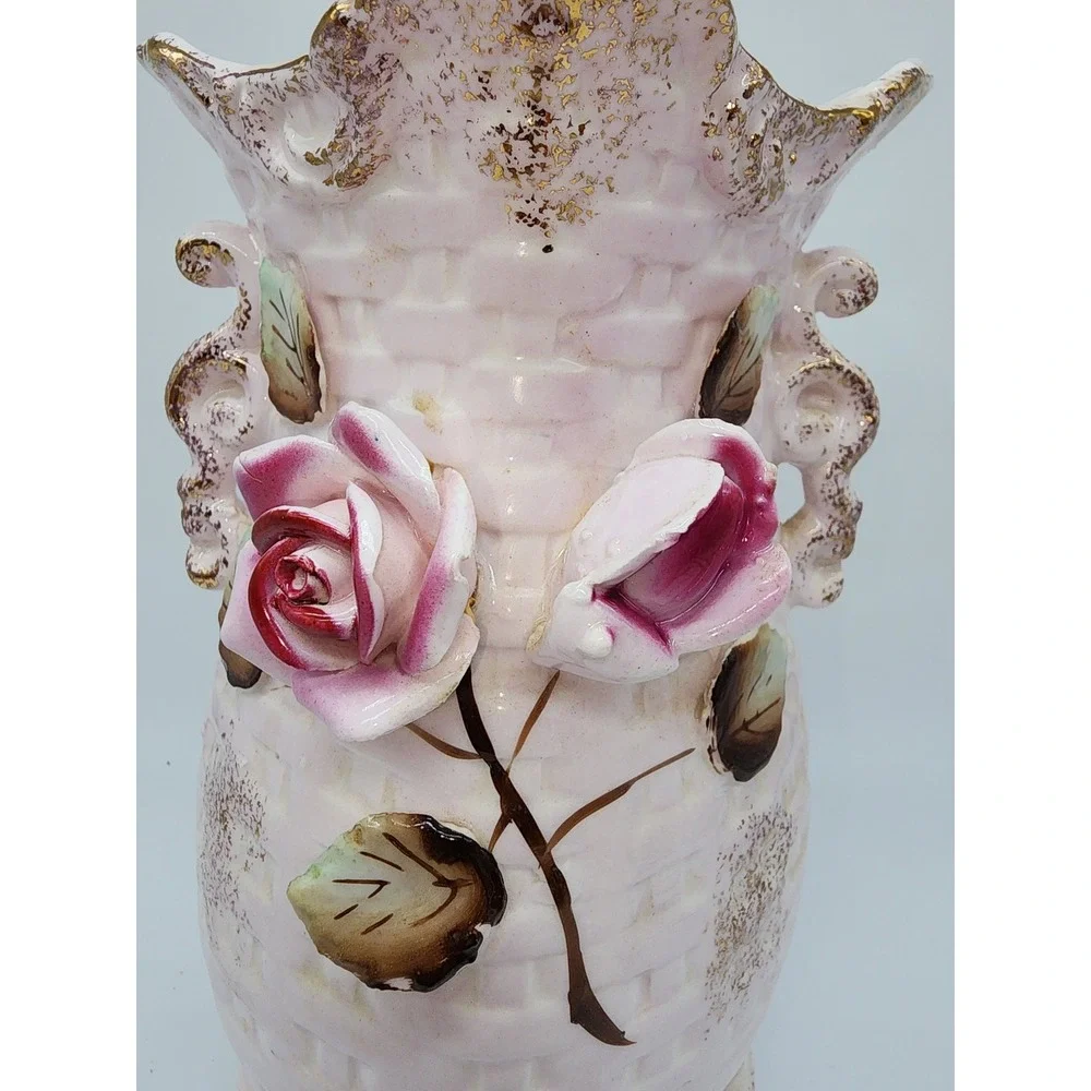 Vintage Pink Basketweave Ceramic Vase 3D Applied Roses Gold Gilt Trim 7.5in